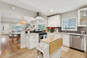 Kitchen featuring stainless steel appliances, island range hood, a peninsula, plenty of natural light, and recessed lighting