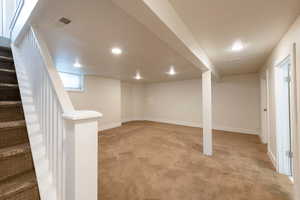 Lower level large family room, carpet, recessed lighting.