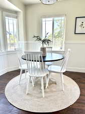 Dining area featuring dark wood-style floors and wainscoting
