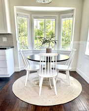 Dining area with dark wood finished floors and a wainscoted wall