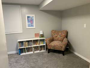 Living area featuring carpet and baseboards
