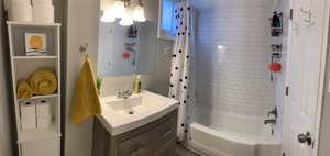 Full bath with vanity and shower / bath combo with shower curtain