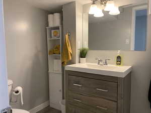Bathroom featuring vanity, a chandelier, and wood finished floors