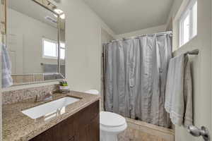 Bathroom featuring vanity, wood finished floors, and a shower with curtain