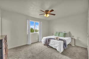 Bedroom with carpet and ceiling fan