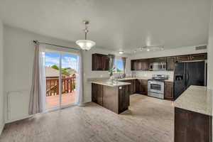 Kitchen with appliances with stainless steel finishes, dark brown cabinetry, light wood finished floors, a peninsula, and healthy amount of natural light