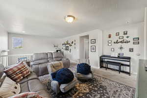 Carpeted living area featuring a textured ceiling