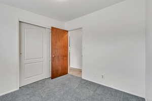 Unfurnished bedroom with carpet and a closet