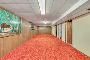 Finished basement with carpet flooring and wooden walls