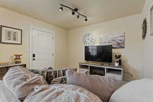 Living room with a textured ceiling
