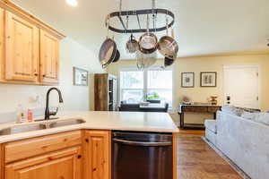 Kitchen with dishwasher, a peninsula, open floor plan, light countertops, and wood finished floors