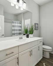Bathroom with vanity, wood finished floors, and curtained shower