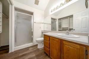 Bathroom with vanity, a stall shower, wood finished floors, and vaulted ceiling