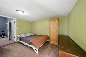 Bedroom featuring carpet and a textured ceiling