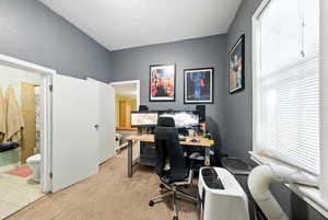 Home office featuring plenty of natural light and light carpet