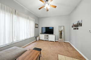 Living area with carpet and a ceiling fan