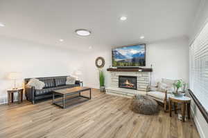 Living area with crown molding, a stone fireplace, wood finished floors, and recessed lighting