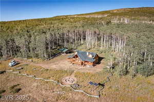 Aerial overview of property's location with a heavily wooded area