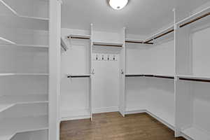 Spacious closet with dark wood-style floors