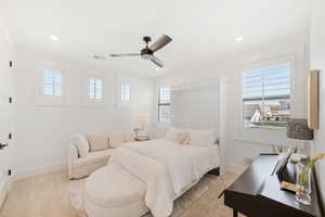 Bedroom with carpet floors, recessed lighting, and a ceiling fan