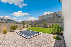 Fenced backyard featuring a residential view