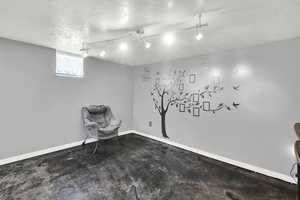 Basement with a textured ceiling and rail lighting