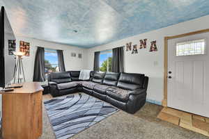 Living room featuring plenty of natural light and a textured ceiling