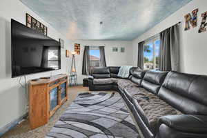 Living area with carpet flooring