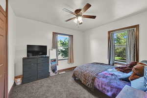 Carpeted bedroom with multiple windows and ceiling fan