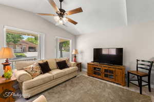 Living room featuring wood finished floors, vaulted ceiling, and ceiling fan