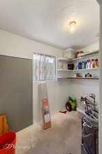 Carpeted bedroom with a textured ceiling and baseboards