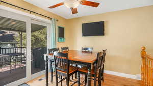 Dining room featuring light wood-type flooring and ceiling fan