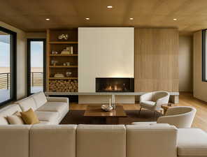 Living room with a fireplace, recessed lighting, and light wood-type flooring
