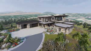 Modern home with stone siding, a garage, and driveway