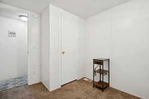 Unfurnished bedroom with carpet and a textured ceiling