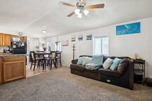 Carpeted living room featuring a textured ceiling, healthy amount of natural light, lofted ceiling, and a ceiling fan