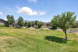 View of grassy yard with a residential view and a mountain view