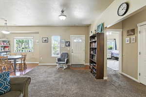 Living room featuring a textured ceiling and carpet