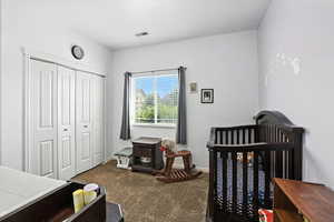 Bedroom featuring carpet flooring and a closet