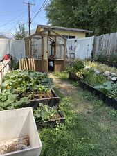 Fenced backyard featuring an exterior structure, a garden, and an outbuilding