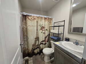 Full bathroom featuring vanity, curtained shower, and wood finished floors