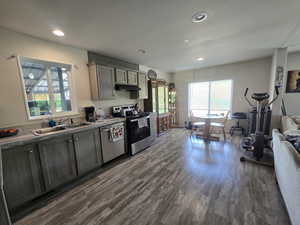 Kitchen featuring stainless steel appliances, dark wood-style floors, gray cabinetry, recessed lighting, and under cabinet range hood