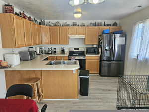 Kitchen featuring appliances with stainless steel finishes, under cabinet range hood, a peninsula, light wood-style flooring, and light countertops