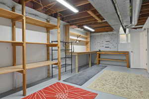 Basement with a workshop area