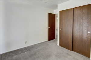 Unfurnished bedroom featuring carpet and a closet