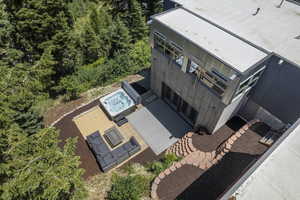 Ariel view of back patio with hot tub