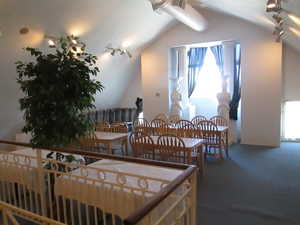 Dining area with lofted ceiling, track lighting, carpet flooring, and healthy amount of natural light