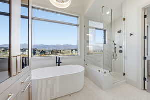 Bathroom featuring a mountain view, a freestanding bath, and a marble finish shower