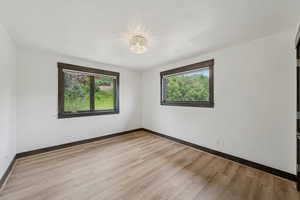 Empty room featuring plenty of natural light, a chandelier, and light wood-style flooring