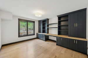 Unfurnished office featuring built in study area and light wood-style flooring